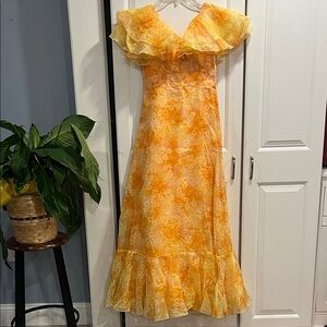 Vintage 70’s Floral Yellow Chiffon Maxi Dress